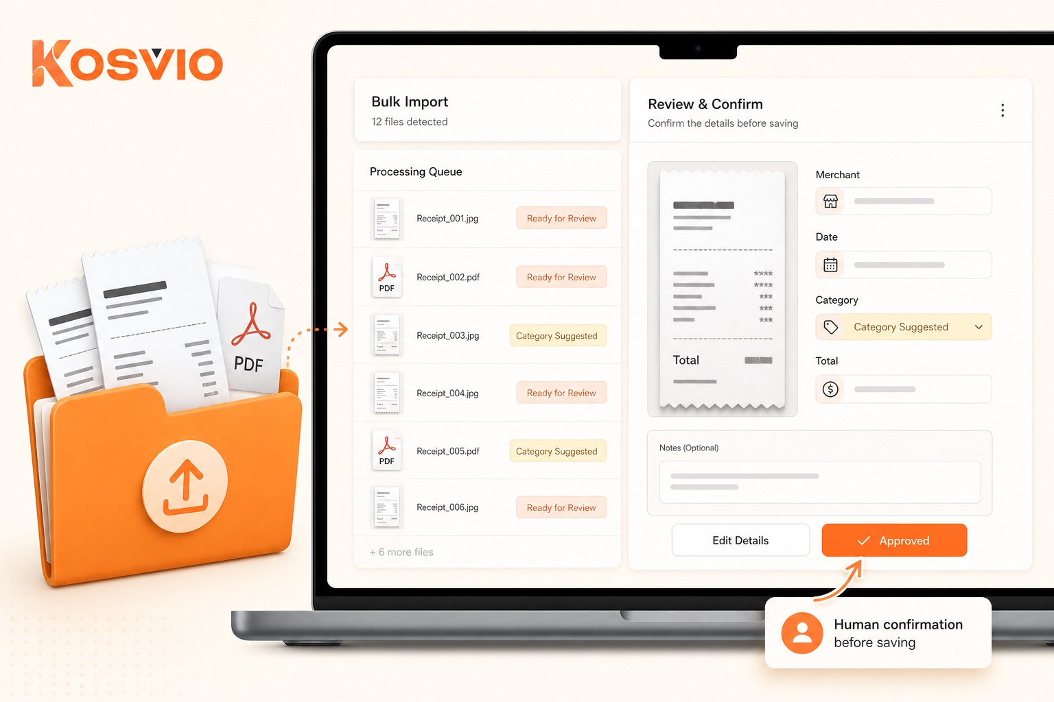 Kosvio bulk receipt import with a processing queue and human review panel
