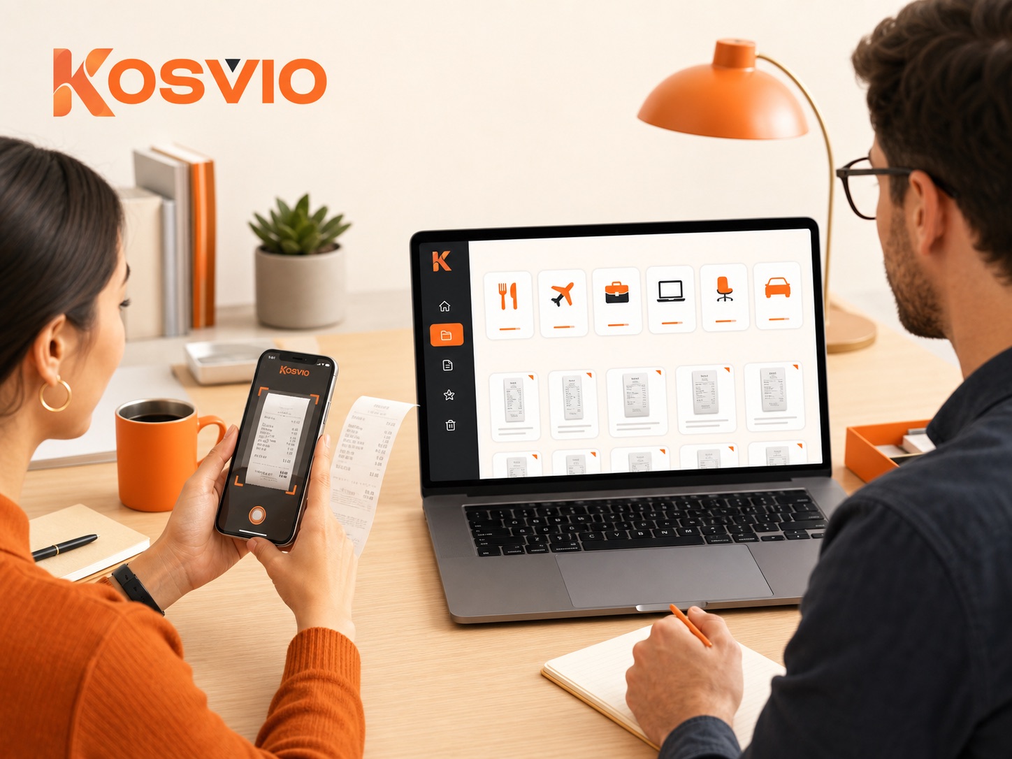 A small business team scanning a receipt and reviewing organized expenses in the Kosvio mobile and web apps