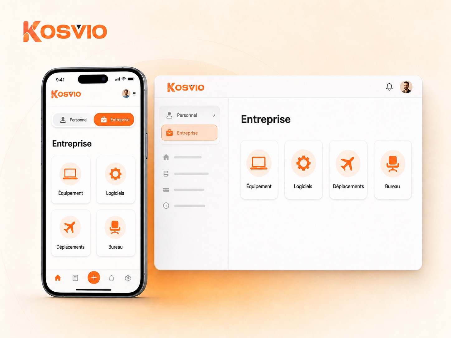 Compte Kosvio avec des espaces Personnel et Entreprise distincts et l’espace Entreprise sélectionné