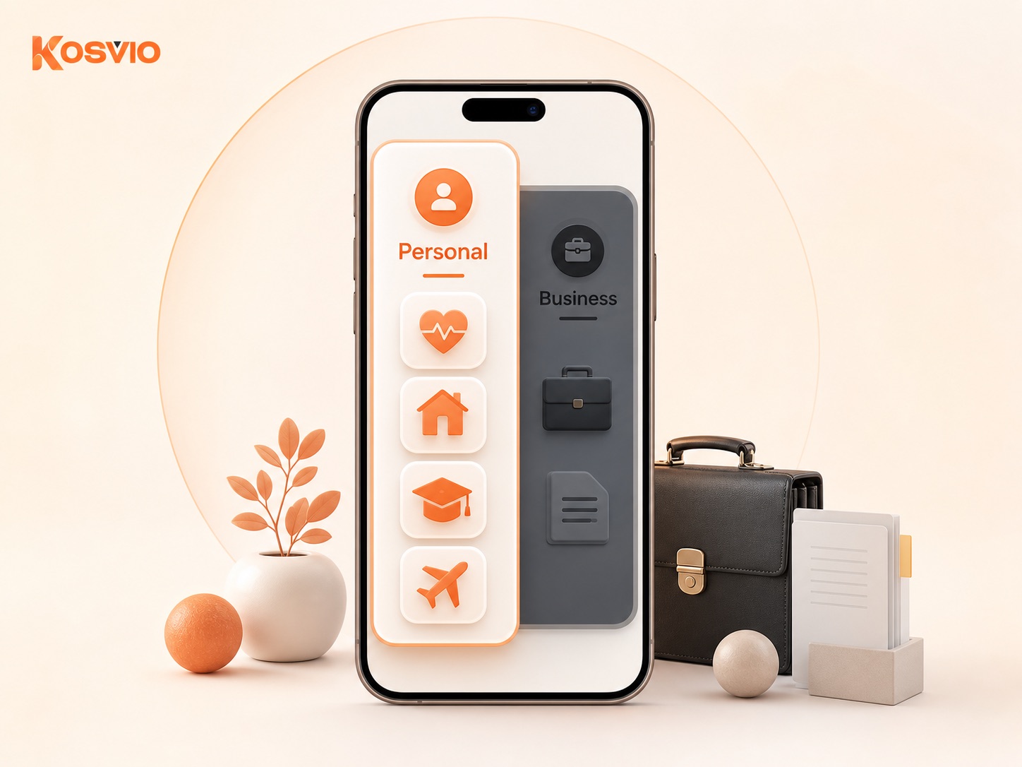 Kosvio mobile app showing a selected Personal workspace kept separate from a Business workspace